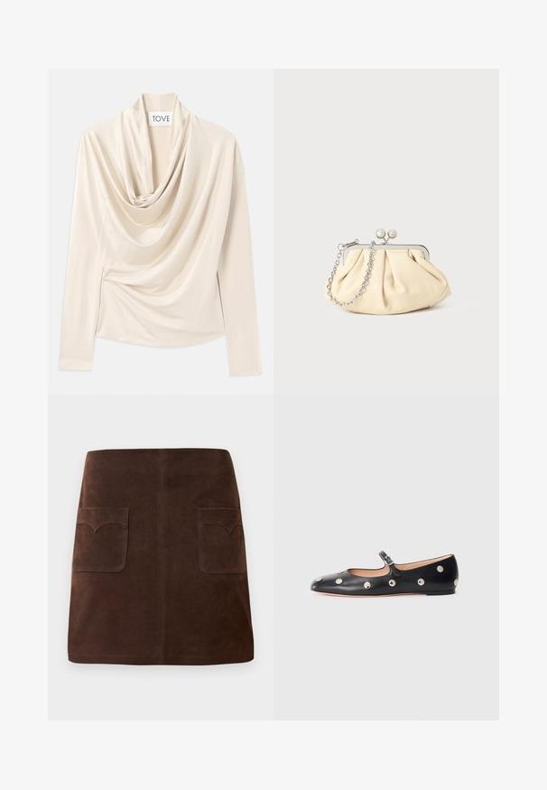 Beige top met lange mouwen, ontwerp met een kraag en een zachte, gladde textuur. Vastgezet in de taille met subtiele geplooide details.; Bruin suède rok met een klassieke A-lijn vorm, twee voorzakken met ronde kleppen en subtiele stikdetails.; Zwarte leren Mary Jane ballerina met een ronde neus, voorzien van zilveren ronde studs en een verstelbaar bandje met een gesp.; Geplooide beige leren clutch met een zilveren metalen frame, voorzien van twee ronde decoratieve sluitingen en een zilveren kettingriem.
