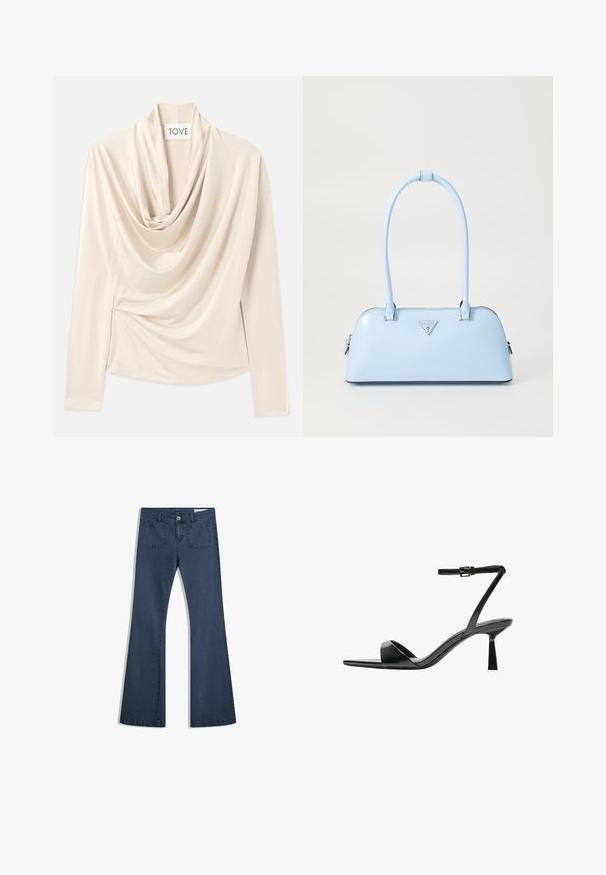 Hosszú ujjú, dekoltázsos, bézs színű blúz, amely puha, sima textúrával rendelkezik. A derekán diszkrét redőzéssel rögzítve.; Sötétkék, bőszárú farmernadrág, varrott zsebekkel, gombos záródással és sima felülettel. Klasszikus ötpocket dizájnnal rendelkezik.; Bershka Magas sarkú szandálok - black; Világoskék kézitáska, amelynek strukturált formája van, sima bőrből készült, két füllel rendelkezik, és az elején egy háromszögletű márkatrófea található. Cipzáras záródás.