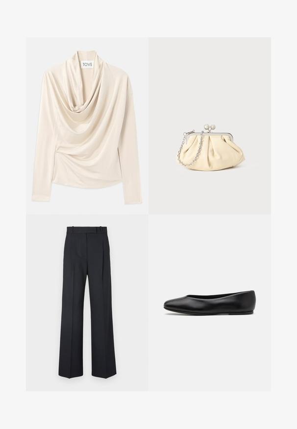 Draped beige top with long sleeves, cowl neck design, and soft, smooth texture. Secured at the waist with subtle gathered detailing.; Dark blue pinstriped trousers with a high waist, wide leg design, and no visible hardware or embellishments. Smooth texture and tailored fit.; Paul Smith TOPANGA - Ballet pumps - black; Pleated beige leather clutch with a silver metal frame, featuring two round decorative clasps and a silver chain strap.