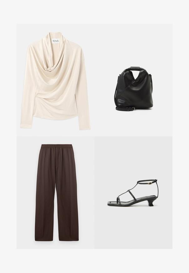 Beige Oberteil mit langen Ärmeln, Design mit Schalkragen und weicher, glatter Textur. An der Taille mit subtilen Raffungen gesichert.; Braune weit geschnittene Hosen mit elastischem Bund und dezenten vorderen Falten, flach vor einem weißen Hintergrund präsentiert.; Schwarze Ledersandale mit quadratischer Zehenpartie, dünnen Riemen, verstellbarem Knöchelriemen und einem niedrigen Absatz. Mit einem kleinen goldenen Akzent am Riemen.; Schwarze, weiche Ledertasche mit einem einzigartigen verdrehten Design. Hat einen kurzen Griff und einen abnehmbaren Schultergurt. Minimalistischer Stil.