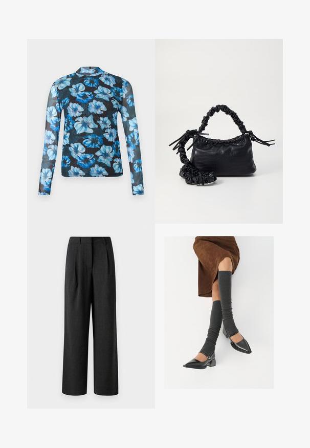 Garām piedurknēm tops no caurspīdīgas melnas auduma ar ziliem ziedu rakstiem. Dizainā ir atvērts apaļš kakla izgriezums un piegulošas piedurknes.; Melnas platās bikses, izgatavotas no teksturēta auduma, ar priekšējām krokām un pielāgotu jostasvietu, paredzētas brīvai piegriezuma formai.; Melnas laka ādas apavi ar norādītu purngalu, blokveida papēdi un potīšu jostu, saskaņoti ar pelēkām ribotām kāju sildītājām un brūnu zamšādas svārku.; Melnā mākslīgās ādas rokassoma ar krokodila rakstu, savilkta augšdaļa un saburzīta siksna. Izskatās mīksta un kompakta pēc dizaina.