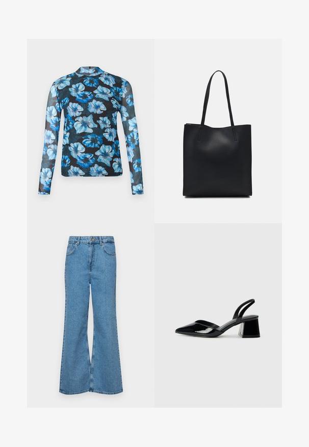 Μπλούζα με μακριά μανίκια από διαφανές μαύρο ύφασμα, διακοσμημένη με μπλε λουλουδάτα σχέδια. Το σχέδιο διαθέτει ανοιχτή στρογγυλή λαιμόκοψη και εφαρμοστά μανίκια.; Ανοιχτό γαλάζιο τζιν παντελόνι σε καμπάνα, κατασκευασμένο από τζιν ύφασμα, με ψηλή μέση, πέντε τσέπες και κλείσιμο με έναν μόνο κουμπί. Μαλακή υφή με ξεθωριασμένο φινίρισμα.; Μαύρα πατεντέ δερμάτινα γοβάκια slingback με μυτερή μύτη και γεωμετρικό τακούνι. Έχουν κομψό, μινιμαλιστικό σχέδιο και λεία υφή.; Μαύρη δερμάτινη τσάντα tote με λείο υφή, ορθογώνιο σχήμα και δύο μακριές λαβές. Χωρίς ορατό υλικό ή διακοσμητικά στοιχεία.