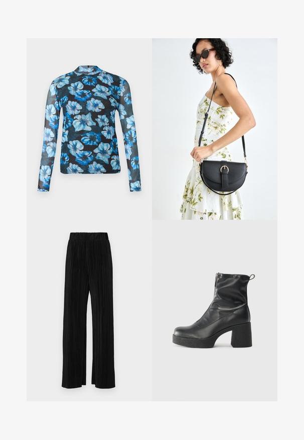 Hosszú ujjú felső áttetsző fekete anyagból, kék virágmintákkal díszítve. A kialakítás nyitott környakkivágással és testhezálló ujjaként jellemzett.; Fekete pliszírozott nadrág gumis derekkal. Széles lábakkal rendelkezik, sima, texturált anyagból készült, függőleges csíkokkal.; Fekete bokacsizmák sima bőrből, oldalsó cipzárral, vastag, texturált sarkú és lekerekített orrú dizájnnal.; Fekete bőrtáska ívelt formával, levehető pánttal és arany színű fémrészekkel. A táskán egy csattal díszített fedél található.