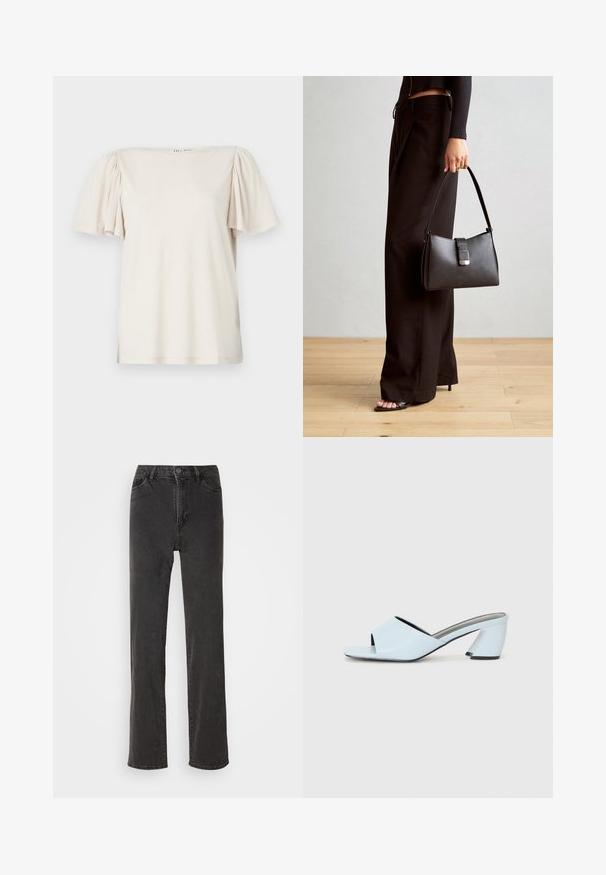 T-shirt curto de manga curta em bege claro com ombros balão franzidos, decote quadrado e um corte descontraído em tecido macio e texturizado.; Calças de ganga pretas com corte reto, cintura alta, cinco bolsos e fecho de botão. O material tem uma leve textura, sem padrões visíveis.; Mules de salto aberto de cor azul clara com um design geométrico, apresentando uma faixa larga sobre o pé e um salto chunky e angular.; Bolsa preta com forma estruturada, textura suave e um fecho metálico. Combinada com calças largas pretas e sandálias de salto aberto sobre um chão de madeira.