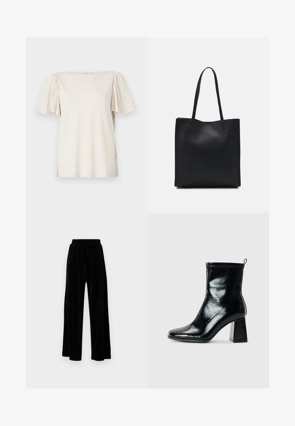 T-shirt curto de manga curta em bege claro com ombros balão franzidos, decote quadrado e um corte descontraído em tecido macio e texturizado.; Calças largas pretas feitas de veludo suave, com um cós elástico e uma textura lisa, sem detalhes ou padrões visíveis.; Botim de tornozelo pretos em verniz com bico quadrado e salto geométrico robusto. Apresenta uma textura suave e brilhante, além de uma pega traseira para facilitar o calçar.; Bolsa tote preta em couro com textura lisa, forma retangular e duas alças longas. Sem hardware ou enfeites visíveis.