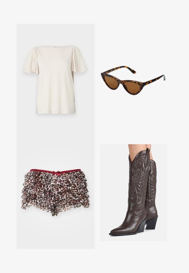 Cămașă scurtă bej deschis cu mâneci scurte, cu umeri bufanți și decolteu pătrat, având o croială lejeră dintr-un material moale și texturat.; Shorts cu imprimeu leopard floral, cu volănașe suprapuse, având un brâu din dantelă roșie și un accent subțire sub formă de fundiță în față.; Bocanci de cowboy din piele maro, cu vârf ascuțit și toc pătrat, având cusături detaliate și accente ridicate pe tijă.; Ochelari de soare în stil cat-eye, cu o ramă din material cu tortoiseshell negru și portocalie, lentile maro și vârfuri elegante, ascuțite. Prezintă un logo minimal pe brățara ochelarilor.