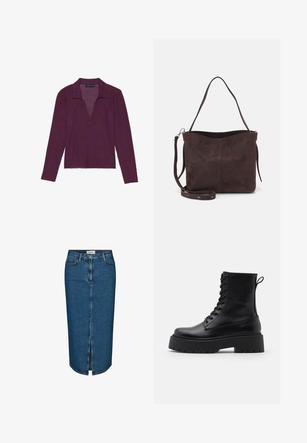 Hosszú ujjú, mély V-nyakú felső sötétlila színben, bordázott textúrával és gallérral. Testhez álló fazonú, enyhén elasztikus.; Sötétkék farmer ceruzaszoknya, elülső hasítékkal, öt zsebbel és kontrasztos varrással. Közepes derékmagasság, klasszikus dizájn.; Fekete bőr bokacsizma, kerek orral, fűzős elülső résszel és vastag, texturált gumitalppal. Húzófül hátul.; Barna velúrbőr táska puha tapintással, egyetlen vállpánttal és finoman ívelt felső nyitással. Nincs látható fémrész.