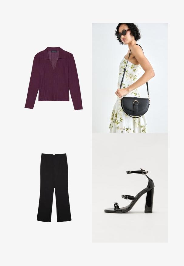 Dugi rukav, duboki V-izrez u tamnoljubičastoj boji s rebrastom teksturom i ovratnikom. Karakterizira ga uski kroj i lagana elasticitet.; Crne hlače ravnog kroja, s prednjim džepovima i bočnim prorezima na rubu. Izrađene od mekog i glatkog materijala. Pogodne za razne prigode.; Crne lakirane sandale na pete sa kvadratnim nosom, trakama oko gležnja i srebrnim kopčama. Imaju čvrst blok petu za stabilnost.; Crna kožna torba s lukovitim oblikom, odvojivim remenom i zlatnim detaljima. Torba ima preklop s kopčom.