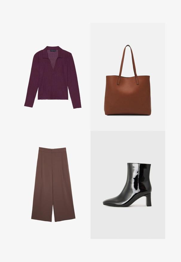 Langärmliges Oberteil mit tiefem V-Ausschnitt in Dunkelpurpur, mit geripptem Textil und Kragen. Verfügt über eine taillierte Passform und leichten Stretch.; Braune Weite-Leg-Hosen mit einer glatten Textur, hoher Taille und Vorderfalten. Der Stoff ist leicht und fällt locker.; Schwarzer Lackleder-Stiefelette mit spitzer Zehe und einem mittelhohen Blockabsatz. Glatte Textur und minimalistisches Design.; Braune Leder-Tote mit glatter Textur, offenem Oberteil und zwei Schulterriemen. Verfügt über minimale Nähte und keine sichtbaren Beschläge.