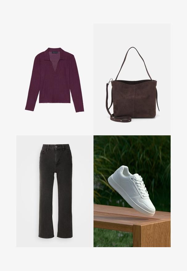 Langärmliges Oberteil mit tiefem V-Ausschnitt in Dunkelpurpur, mit geripptem Textil und Kragen. Verfügt über eine taillierte Passform und leichten Stretch.; Schwarze weit geschnittene Jeans aus Denim, mit einem vorderen Knopfverschluss, Gürtelschlaufen und fünf Taschen, die eine leicht verblasste Textur aufweisen.; Weiße Sneaker mit einem glatten, synthetischen Obermaterial, perforierter Zehenbox, flachen Schnürsenkeln und einer strukturierten Sohle, präsentiert auf einer Holzoberfläche.; Braune Wildleder-Tasche mit weicher Textur, ausgestattet mit einem einzelnen Schulterriemen und einer dezenten, gewölbten Öffnung an der Oberseite. Keine sichtbaren Beschläge.