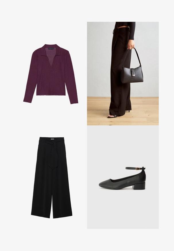 Pikkade varrukatega, sügava V-kaelusega tumepurpurne särk, millel on ribakujuline tekstuur ja krae. Omab keha lähedast lõiget ja kerget venivust.; Mustad laiad püksid, millel on tekstureeritud kangas, elastne vöökoht ja eemaldatav pael vööst, et reguleerida sobivust.; Must mustaapp, millel on terav nina ja madal blokk-kand. Omab pahkluu rihma koos kuldse tooni pandlaga. Sile tekstuur.; Must musta kott, millel on struktureeritud kuju, sile tekstuur ja metallist klamber. Kombineeritud laiate mustade pükstega ja avatud varvaste sandaalidega puidust põrandal.