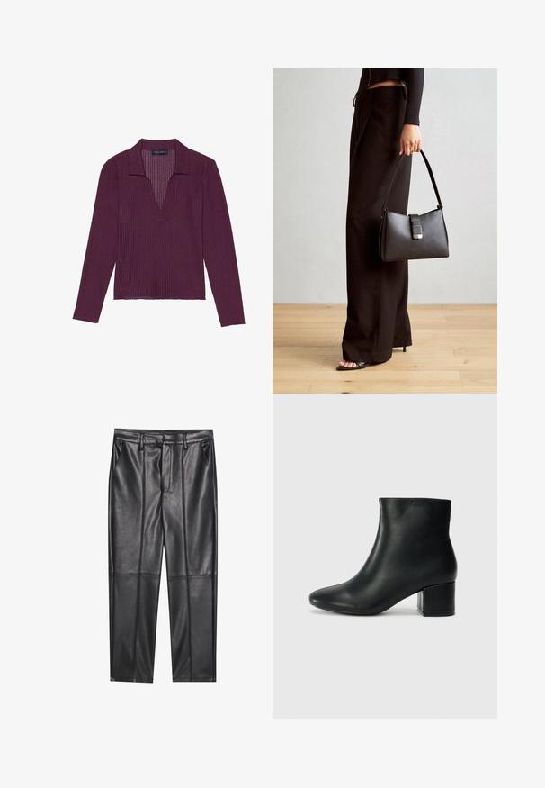 Long-sleeve, deep V-neck top in dark purple with ribbed texture and a collar. Features a fitted design and slight stretch.; Black leather trousers with a smooth texture, featuring a straight fit, two front pockets, and visible seam detailing.; Black leather ankle boots with a pointed toe and a chunky heel. Smooth texture with minimal accents and a sleek, fitted design.; Black handbag with structured shape, smooth texture, and a metallic clasp. Paired with wide black pants and open-toe sandals on wooden floor.