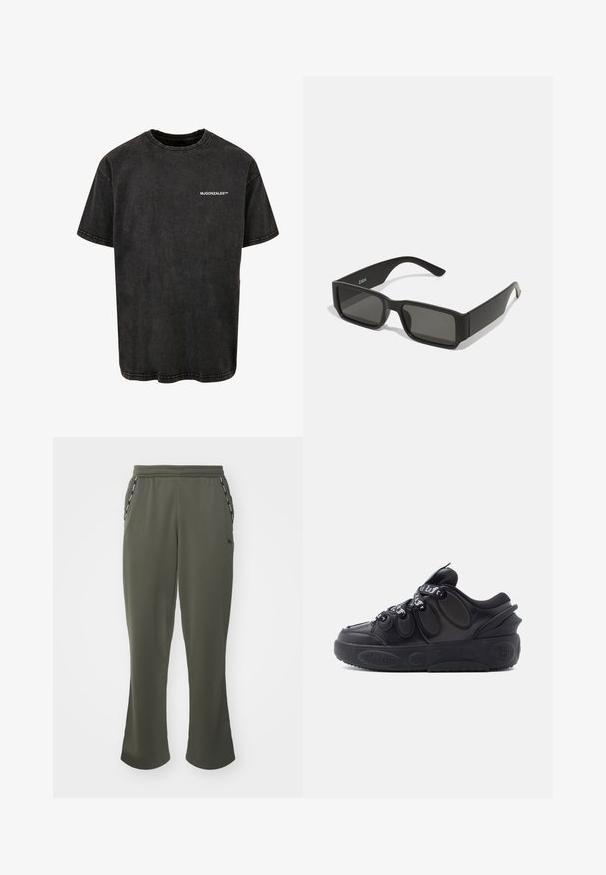 Musta puuvillainen t-paita, jossa on pyöreä kaula-aukko, lyhyet hihat ja vintage-tyyli, etupuolella valkoinen painettu logo.; Oliivivihreät collegehousut, joissa on rento istuvuus, joustava vyötärö, sivutaskut ja kontrastiväri mustia yksityiskohtia taskujen reunassa. Pehmeä kangas.; Musta matala tennari pyöreällä kumipohjalla, soikeilla sivupaneeleilla ja mustilla nauhoilla, joissa on valkoista tekstiä vaaleanharmaalla taustalla.; Musta aurinkolasit suorakulmaisine linsseineen, matasta muovista valmistettu kehys ja suorat reunat. Sisähaara on varustettu merkkilogolla.