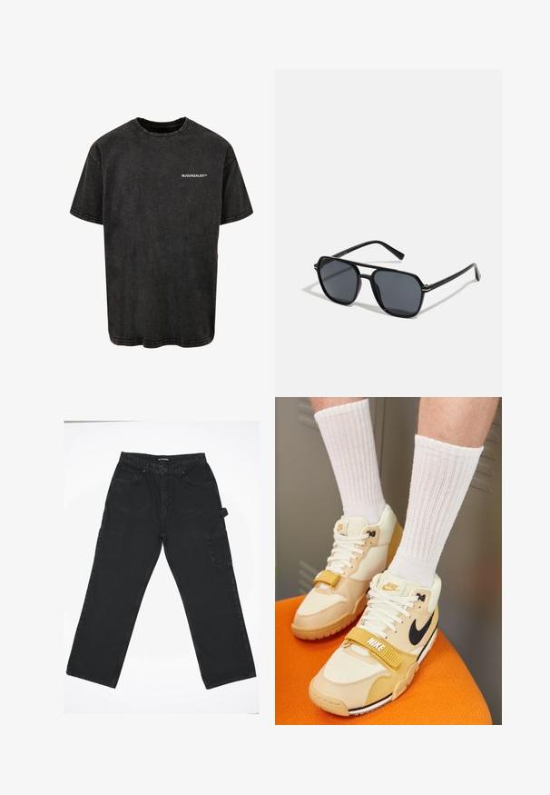 Camiseta de algodón negra con cuello redondo, mangas cortas y un aspecto vintage, que presenta un logo blanco impreso en la parte delantera.; Pantalones de mezclilla negra con un diseño de pierna recta, que cuentan con un cierre frontal de botón, bolsillos traseros y un bolsillo lateral tipo cargo.; Zapatillas deportivas Nike en cuero beige y crema, con un swoosh negro, cordones blancos, una correa de Velcro y una suela de goma texturizada.; Gafas de sol negras con montura octogonal, lentes oscuros, acabado brillante, varillas delgadas y acentos dorados en la parte frontal.