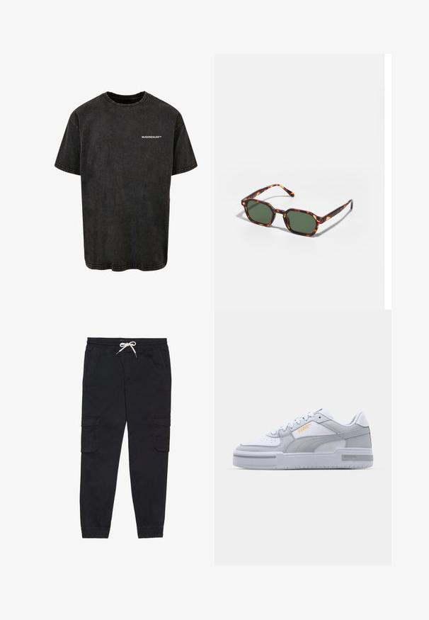Melnā kokvilnas T-kreklu ar apaļu kakla izgriezumu, īsām piedurknēm un vintage izskatu, uz kura priekšpuses ir balts drukāts logo.; Melnas kokvilnas kravas bikses ar elastīgu jostu un auklu, sānu kabatām un papildus sašaurinātiem piedurknēm.; Pelēki un balti sporta apavi ar gludu ādas virsu, perforētu purngalu, auklu aizdari, teksturētām akcentiem un diskretu zelta logotipu.; Tortoiseshell saulesbrilles ar zaļu stiklu, ar astoņstūru formu un plānām, izliekamām kājām. Materiāls ar spīdīgu apdari.
