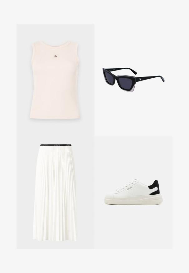 Šviesiai rožinė raukšlėta tankų viršutinė dalis su apvalia iškirpte. Priekyje yra mažas stačiakampis logotipo pleistras su raudonu ir žaliu dizainu.; Pleated balta sijonas su juodu elastiniu juosmeniu, ant kurio yra "LACOSTE" logotipas. Vidutinio ilgio dizainas su švelnia tekstūra.; Baltos odinės sportbačiai su storu baltu padu, juodu nubuko kulno akcentu ir iškilmingu logotipu šone. Su raišteliais, turinčiais šešis akinius.; Juodos didelės saulės akinių su geometrine forma, turinčiais tamsius objektyvus ir kontrastingą pilką detalę ant rėmelio. Logotipas ant šalon.