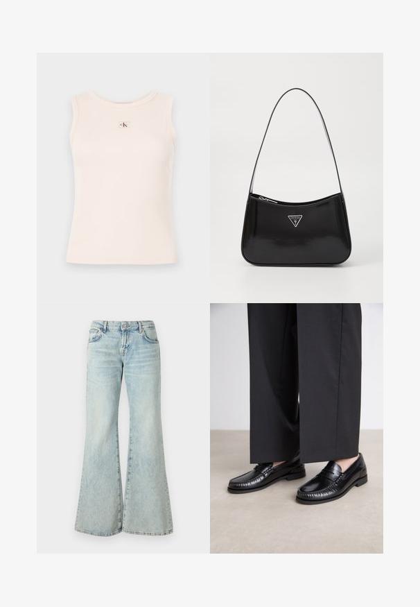 Světle růžový žebrovaný top bez rukávů s kulatým výstřihem. Na přední straně je umístěna malá obdélníková nášivka s červeným a zeleným designem.; Světle modré zvonové džíny vyrobené z denimu, s vysokým pasem, kapsami a roztrhanými lemy. Tkanina má vybledlý omak a jemnou strukturu.; Černé kožené loafers s hladkým povrchem, prošívané detaily kolem špičky a nízkou gumovou podrážkou. V kombinaci s širokými černými kalhotami.; Černá lakovaná kůže na ramenní tašce s prohnutým tvarem, vyznačující se stříbrným trojúhelníkovým logem a zipovým uzavřením. Hladký povrch a úzký popruh.