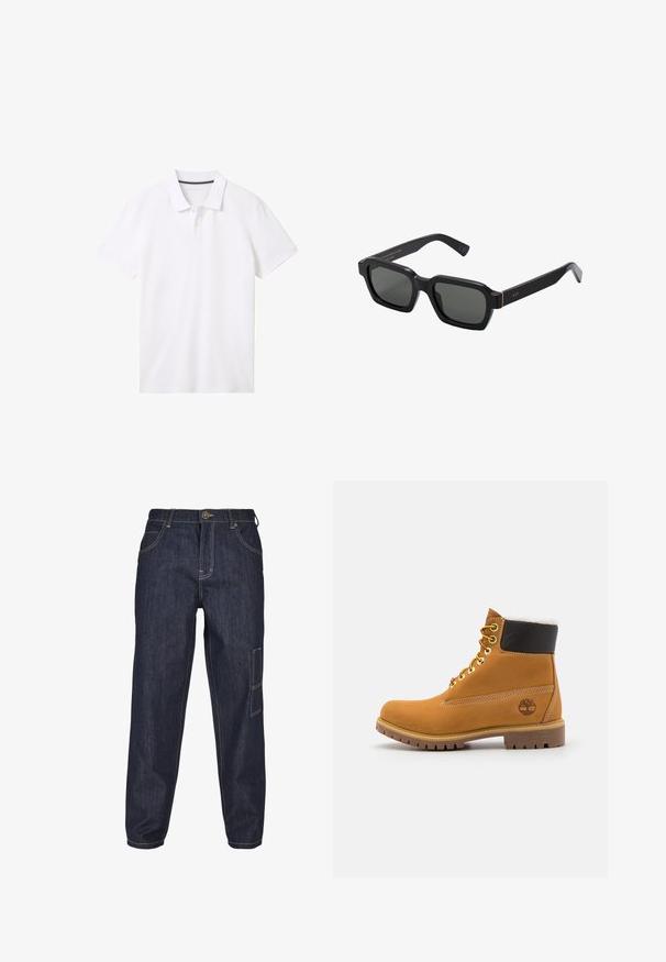 TOM TAILOR BASIC WITH CONTRAST - Bluză polo - white; Pantaloni din denim de culoare albastru închis, cu o croială lejeră. Caracteristici includ buzunare frontale și posterioare, cusături contrastante și un buzunar lateral cu clapetă.; Botină din piele maronie la gleznă, cu ochiuri metalice, căptușeală din blană albă, guler îmblănit negru, talpă robustă și logo embossat pe lateral.; Ochelari de soare negri, de formă pătrată, cu lentile gri. Ramele groase din plastic au accente negre și branding pe braț. Textură netedă.