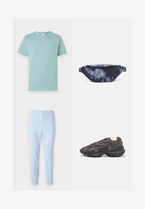 Svetlo modra bombažna majica s kratkimi rokavi in okroglo ovratnikom. Vključuje majhen logotip blagovne znamke v beli barvi natisnjen na prsih. Enostaven dizajn.; Svetlo modri trenirki iz mehkega materiala, z elastičnim pasom in zoženimi manšetami. Brez vidnih vzorcev ali kovinskih dodatkov.; Lacoste teniske v temno sivi barvi z mrežasto in sintetično prevleko, s teksturiranim podplatom in rjavimi detajli na ovratniku ter blagovni znamki.; Fanny pack v temno modrem tie-dye potisku z zipom na vrhu, teksturirane materiala in izraženo logotipno podrobnostjo spredaj.