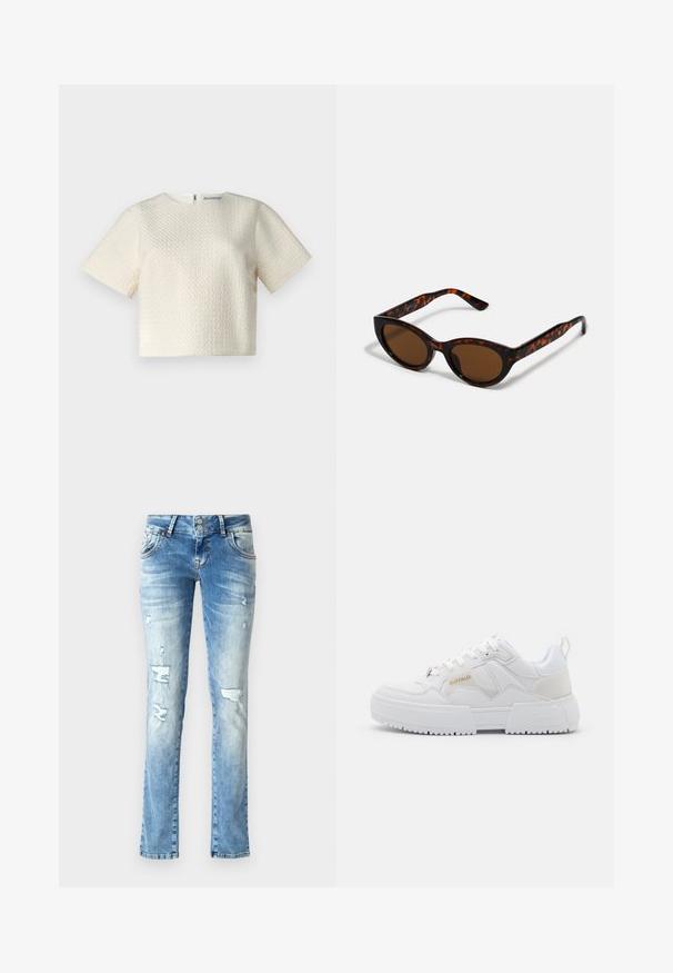 Top corto blanco texturizado con mangas cortas, escote redondo y cierre de cremallera en la parte trasera. Tejido suave con un sutil patrón geométrico.; Jeans de mezclilla azul claro con un corte relajado, que presentan detalles desgastados, un cierre de botón con dos botones y piernas rectas.; Zapatillas blancas con un diseño grueso, que presentan materiales de cuero y sintéticos, detalles texturizados, cordones y un logotipo destacado en dorado.; Gafas de sol de carey marrón con una forma vintage de ojo de gato y lentes marrones. Presentan brazos curvados con acentos rojos.; Bolso hobo negro hecho de un material suave similar al cuero, con un asa retorcida, que presenta una forma suave y redondeada y un cierre superior de cremallera.; Aretes de aro de oro con un acabado suave y brillante. Diseño circular que presenta un pequeño post y un respaldo transparente para un uso seguro.