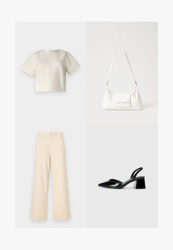 Balts teksturēts īsās piedurknēm augšējais tops ar apaļu kakla izgriezumu un aizmugurējo rāvējslēdzēju. Gluda auduma virsma ar smalku ģeometrisku rakstu.; Bežīgas platpēdas džinses, izgatavotas no kokvilnas. Iekļauj pogu aizdari, jostas cilpas un priekšējos kabatas ar gludu, mīkstu tekstūru.; Melna lakota āda ar atvērto papēdi, ar smailu purngalu un ģeometrisku blokpapēdi. Iezīmējas elegants, minimāls dizains un gluda tekstūra.; Balta sintētiska soma ar trīsstūrveida formu, plakanu priekšējo vāciņu un loku detaļu, regulējamu siksnu, gludu tekstūru un minimālistisku dizainu.