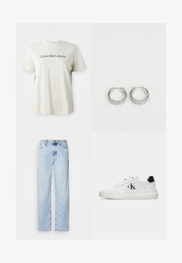 Svetlo siva kratka majica s kratkimi rokavi s potiskom "Calvin Klein Jeans" v črni barvi, ki je na sredini na prsih.; Svetlo modri široki džins hlače iz denima, z visokim pasom, zbledelim pranjem in subtilnim tie-dye vzorcem spredaj.; Bele nizke superge z črnim hrbtnim delom, platformo, vezalkami in Calvin Klein "CK" logotipom na strani.; Srebrni obroči s teksturiranim dizajnom, ki vsebuje navpične rebraste vzorce. Krožna oblika z varnim zapiranjem na zaponko. Gladek zaključek.