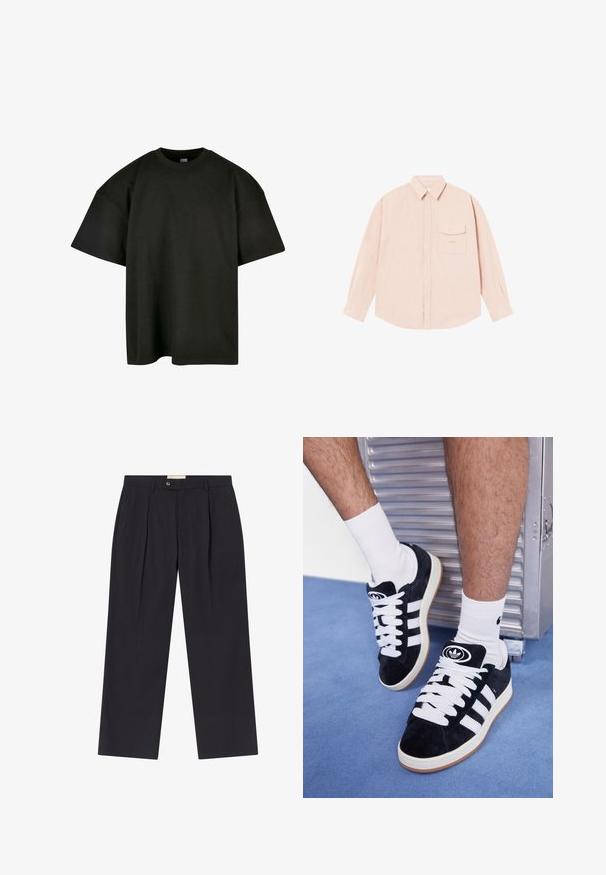 Svart oversized t-skjorte i myk bomull. Har rund hals og korte ermer, med en jevn tekstur og minimalistisk design.; Lys rosa langermet skjorte laget av mykt stoff, med knapping på kragen, frontlomme og subtilt brodert logo på brystet.; Skraddersydde mørkeblå bukser med høy midje, to frontplisser, knapplukking og rette ben i glatt stoff.; Sorte semskede sneakers med hvite lisser og tre hvite striper. Har en sirkulær svart logo på tungen og en såle av gummigummi.