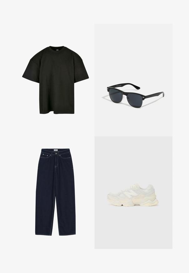 Melna pārāk liela t-kreklu no mīksta kokvilnas. Iezīmē apaļu apkakli un īsās piedurknes, ar gludu tekstūru un minimālistisku dizainu.; Tumši zili džinsa bikses ar plašu kāju piegriezumu, ar kontrastainām šuvēm, priekšējām kabatām un pogu aizdari. Tīrs, taisns piegriezums bez rotājumiem.; Vieglas sporta apavus ar sieta un zamšādas augšdaļu maigos krēma tonī, ar masīvu zoli un trīsdimensionāliem akcentiem.; Melnas saulesbrilles ar taisnstūra formu, tumšiem stenģiem, sudraba akcentiem pie tempļiem un matētu apdari uz rāmja.