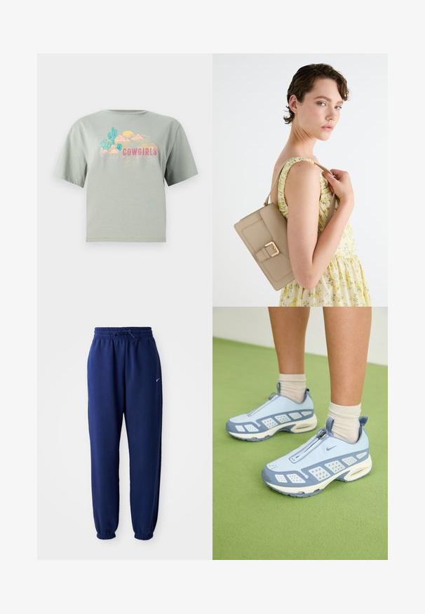 Svijetlozelena pamučna majica kratkih rukava s šarenim grafičkim otisak koji uključuje kaktuse, planine i riječ "COWGIRLS".; Mornarsko plave trenirke od mekog materijala, s elastičnom strukom i vezicom, elastičnim rukavima i malim bijelim logotipom.; Svijetloplave atletske cipele s bijelim naglascima, teksturiranim panelima i zatvaranjem na patentni zatvarač. Imaju vidljivu zračnu amortizaciju i gumeni potplat.; Bež torba od kože sa strukturiranim dizajnom, zlatnim kopčanjem kao akcentom i podesivim remenom, prikazana na svijetloj pozadini.