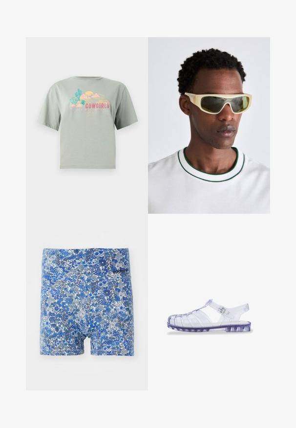 Gaiši zaļš kokvilnas T-krekls ar īsām piedurknēm, rotāts ar krāsainu grafiku, kas ietver kaktusus, kalnus un vārdu "COWGIRLS."; Zili ziedu raksta bokseršorti ar toņu maisījumu, kas piedāvā pieguļošu dizainu un melnu Adidas logo uz jostas.; Caurskatīgi purpura plastmasas sandales ar aizvērtu purngalu, atvērtu aizmuguri un regulējamu siksniņu. Iezīmē horizontālus un vertikālus izgriezumus.; Saulesbrilles ar caurspīdīgu dzeltenu rāmī un zaļganiem stikliem. Leņķiska dizaina, ar plašām tempļiem, valkātas ar baltu krekliņu, kuram ir zaļi akcenti.
