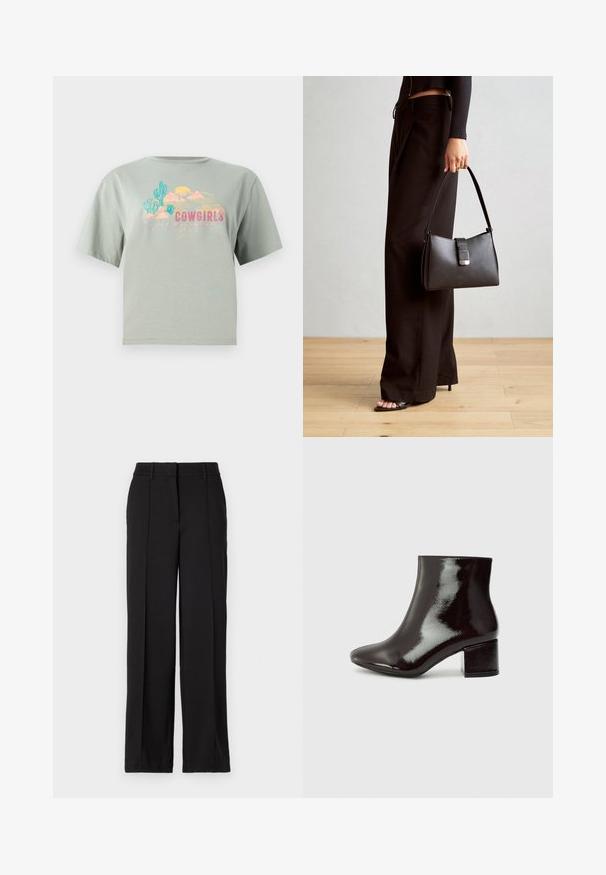 T-shirt en coton vert clair à manches courtes, avec un impression graphique colorée comprenant des cactus, des montagnes et le mot "COWGIRLS".; Pantalons noirs à jambe droite, dotés de deux plis avant, d'une taille et sans poches ni embellissements visibles.; Bottines en cuir verni noir avec un nez pointu et un talon épais. Texture lisse avec un léger éclat et des lignes épurées, design minimaliste.; Sac à main noir à la forme structurée, texture lisse et fermoir métallique. Associé à un pantalon noir ample et des sandales ouvertes sur un sol en bois.
