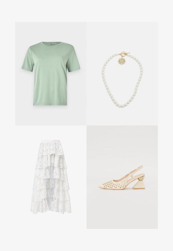 Soehe roheline lühikeste varrukatega t-särk, mis on valmistatud pehmest kangast. Omab ümarat kaelust ja laia lõikega sirget allääret.; Valge pitsist pluus ümarate kaelustega, puhviga lühikeste varrukatega ja lillemustriga. Omab nupplukku ja läbipaistvat materjali.; Valge pitsseelik, millel on kihiline disain ja lainelised servad. Materjalil on lillemuster ja tekstuur, mis loob kihilise välimuse.; Beige slingback kingad perforatsiooni ülaosaga, terava ninaga ja kontrastse kolmnurkse kandaga, millel on kuldne aktsent. Üldine sile tekstuur.; Lauren Ralph Lauren COLLAR - Kaelakee - gold-coloured/white
