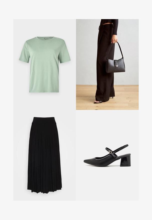 Minttu vihreä lyhythihainen t-paita pehmeästä kankaasta. Ominaisuuksiin kuuluu pyöreä pääntie ja rento istuvuus sekä suora helma.; Musta plyytilaakkohame, jossa on korkea, joustava vyötärö. Valmistettu pehmeästä kankaasta, jossa on pystysuoria plyysit, jotka luovat virtaavan siluetin.; Musta lakattu nahka slingback-korkokengät, joissa on terävä kärki, pyöreä aukko-muotoilu ja lohkokorko. Varustettu kultasävyisellä solkiyksityiskohdalla.; Musta käsilaukku, jossa on rakenteellinen muoto, sileä pinta ja metallinen solki. Yhdistetty leveisiin mustiin housuihin ja avonaiheisiin sandaaleihin puulattialla.