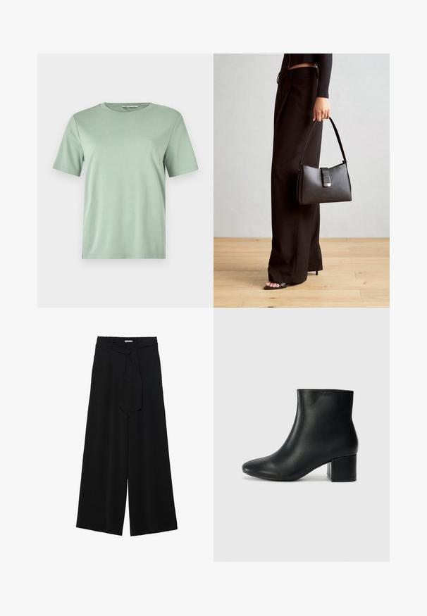 Mėtų žalios spalvos trumpų rankovių marškinėliai, pagaminti iš minkštos medžiagos. Savybės: apvali iškirptė ir laisvas siluetas su tiesiu kraštu.; Juoda plačių kojų kelnės, pagamintos iš tekstūruoto audinio, su elastingu juosmeniu ir atsegamu diržu juosmenyje, leidžiančiu reguliuoti dydį.; Juodos odinės aulinės botai su smailiu priekiniu pirštu ir storu kulnu. Lygus tekstūra su minimaliomis detalėmis ir elegantišku, tvirtai priglundančiu dizainu.; Juodas rankinė struktūrizuota forma, lygi tekstūra ir metalinis užsegimas. Suporuota su plačiomis juodomis kelnėmis ir atvirais bateliais ant medinių grindų.