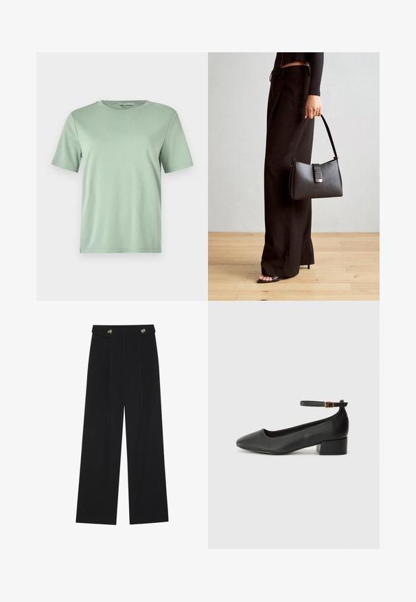 Mäta zelené tričko s krátkym rukávom vyrobené z mäkkej tkaniny. Má okrúhly výstrih a voľný strih s rovnými okrajmi.; Čierne široké nohavice s vysokým pásom, so zapínaním na gombíky na páse a prednými sklady.; Čierne kožené lodičky s špicatou špičkou a nízkym blokovým podpätkom. Obsahuje remienok okolo členka so zlatým prackou. Hladký povrch.; Čierna kabelka so štruktúrovaným tvarom, hladkou textúrou a kovovou sponou. V kombinácii so širokými čiernymi nohavicami a sandálmi s otvorenou špičkou na drevenej podlahe.