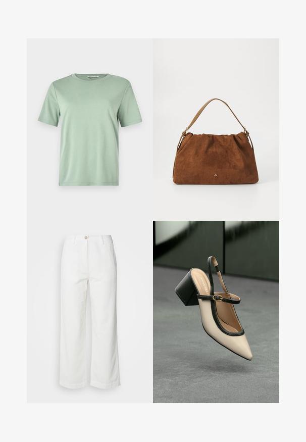 Mint green short-sleeve t-shirt made of soft fabric. Features a round neckline and a relaxed fit with straight cut hem.; White wide-leg trousers made of textured fabric, featuring a front button closure and two side pockets, with a clean, simple design.; Beige pointed-toe slingback shoe with black trim, gold buckle, and a chunky block heel on gray floor with dark green background.; Brown suede handbag with a gathered design, featuring a single tan leather strap and a subtle gold logo detail on the front.