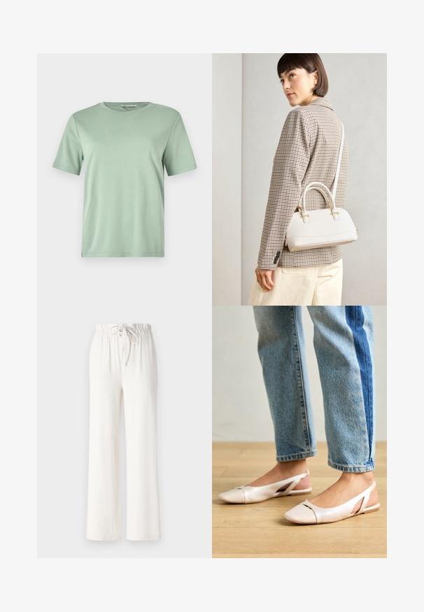 Tricou scurt cu mânecă, de culoare verde mentă, realizat dintr-un material moale. Dispune de o guler rotund și o croială lejeră cu tiv drept.; Pantaloni albi cu picioare largi, confecționați dintr-un material moale, având un brâu cu șnur și o textură netedă. Fără modele sau embellishments vizibile.; Sandalete plate de un roz pal cu vârf ascuțit, realizate dintr-un material asemănător pielii, neted. Prezintă detalii decupate pe laterale și un toc plat.; Geantă structurată albă, cu mânere scurte și curea de umăr, având accente din metal aurit și material texturat, expusă pe un fundal gri.