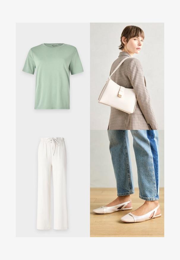 Mint green short-sleeve t-shirt made of soft fabric. Features a round neckline and a relaxed fit with straight cut hem.; White wide-leg pants made of soft fabric, featuring a drawstring waist and smooth texture. No patterns or embellishments visible.; Pale pink slingback flats with a pointed toe, made from a smooth leather-like material. Features cut-out details at the sides and a flat heel.; White leather handbag with a structured design, featuring a magnetic clasp and a shoulder strap, showcased against a neutral background.