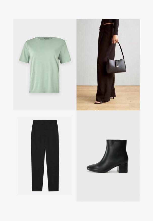 Camiseta de manga corta en verde menta hecha de una tela suave. Presenta un escote redondo y un corte relajado con dobladillo recto.; Pantalones negros con un diseño ajustado, que cuentan con bolsillos laterales y pierna recta. Fabricados con una tela suave y liviana con un acabado elegante.; Botas de cuero negras hasta el tobillo con una punta afilada y un tacón grueso. Textura lisa con acentos mínimos y un diseño elegante y ajustado.; Bolso negro con forma estructurada, textura suave y un cierre metálico. Combinado con pantalones anchos negros y sandalias de dedo en un suelo de madera.