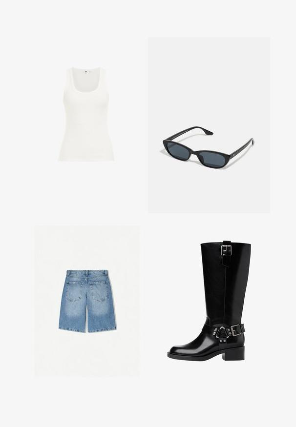 Valkoinen ribatulla pinnalla varustettu tankkitoppi, jossa on pyöreä kaula-aukko ja leveät olkaimet. Kangas näyttää joustavalta ja vartalonmyötäiseltä, sopii kerrospukeutumiseen tai rennoksi käyttöön.; Vaalean siniset farkkushortsit, joissa on rento malli. Varustettu kahdella takataskulla ja suoralla lahjemuotoilulla. Sujuva rakenne vähäisellä haalistumisella.; Musta nahkasaapas, joka ulottuu polven ylle, pyöreällä kärjellä, paksulla korolla, säädettävällä hihnalla varustettuna, jossa on metalliset yksityiskohdat, sekä kiiltävällä pinnalla.; Musta kissakatse aurinkolasit tummilla linsseillä, muovikehys, kapeat temppelit ja hienovarainen brändäys sisäisessä varressa. Mattapintainen rakenne.; Mustassa nahkaisessa olkalaukussa on kaareva siluetti, joka sisältää kullanvärisen ketjuhihnan ja sileän, kiiltävän pinnan.