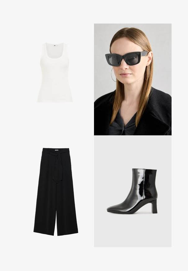 Top fără mâneci alb cu decolteu rotund și bretele largi. Materialul pare elastic și aderent, fiind potrivit pentru a fi purtat în straturi sau pentru o ținută casual.; Pantaloni largi negri dintr-un material texturat, cu un tiv elastic și o panglică detașabilă la talie pentru un fit ajustabil.; Botine negre din piele lacuită, cu vârful ascuțit și toc bloc de înălțime medie. Textură netedă și design minimalist.; Ochelari de soare negri tip cat-eye cu lentile întunecate, rame groase și accente subtile. Purtați cu o haină neagră și un top gri, având părul lung și drept.