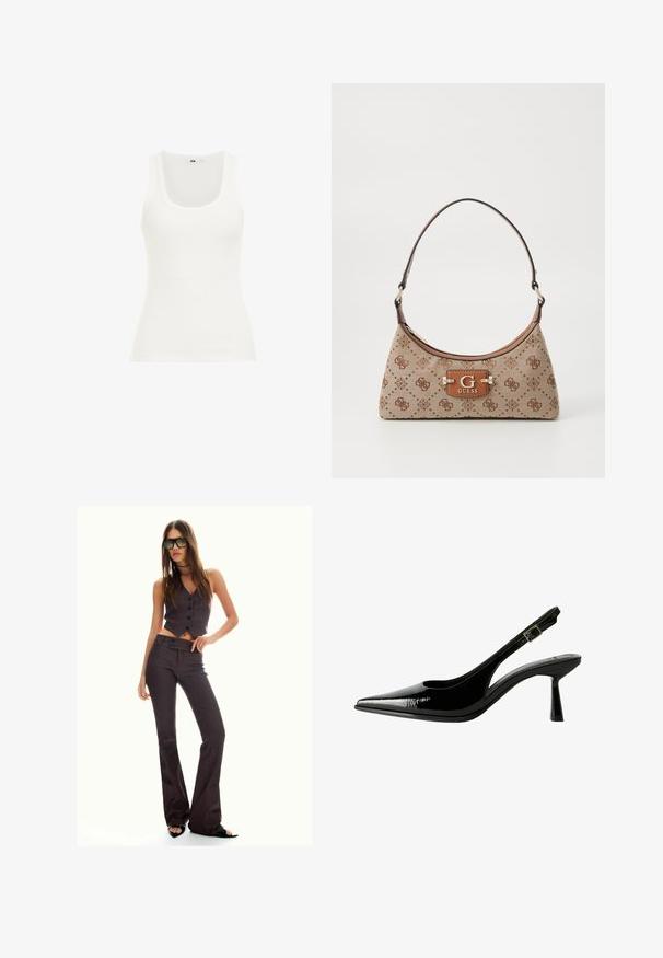 Top fără mâneci alb cu decolteu rotund și bretele largi. Materialul pare elastic și aderent, fiind potrivit pentru a fi purtat în straturi sau pentru o ținută casual.; Vest scurt cu dungi maro și pantaloni evazați, având butoane și un material texturat. Pantofi negri cu vârf deschis și ochelari de soare supradimensionați.; Pantofi cu toc slingback din piele patent neagră, cu vârf ascuțit, laterale decupate, curea la gleznă ajustabilă și toc subțire, elegant.; Geantă tip tote din material bej, cu accente maro cu model. Prezintă o formă curbată, o singură curea și o placă cu logo în față, cu accesorii din metal argintiu.