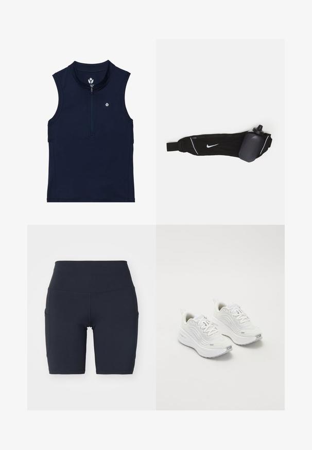 Mornarica brezrokavnik športni vrh, izdelan iz raztegljive tkanine, z zadrgo spredaj, zaobljenim ovratnikom in majhnim logotipom na prsih.; Visoko pasne mornarske kolesarske hlače, izdelane iz gladkega, raztegljivega materiala. Ponašajo se s stranskimi žepi in ravnimi šivi za dodatno udobje in podporo.; Bele športne čevlje z teksturirano mrežasto zgornjico, oblazinjeno podplatom in subtilnimi sivimi detajli. Vključujejo blagovno znamko in zanko na peti za enostavno obuvanje.; Črna pasna steklenica z nastavljivim trakom, ki ima bel Nike logotip, sivo držalo za steklenico in bele dekorativne šive.