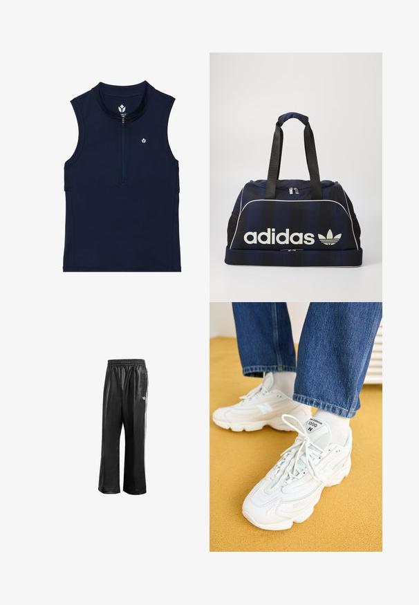 Navy sleeveless athletic top made from stretch fabric, featuring a front zip, rounded collar, and a small logo on the chest.; Black synthetic track pants with an elastic waistband, featuring white side stripes and a small white logo on the left hip.; White New Balance 1000 sneakers with mesh and leather materials, round toe, textured design, and laces. Paired with blue jeans.; Navy duffel bag with white Adidas logo, featuring a zippered top, two sturdy black handles, and side mesh pockets. Smooth fabric texture.
