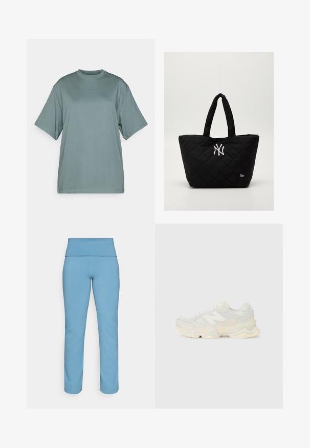 Svetlo zelena oversize majica iz bombaža, z okroglim izrezom in kratkimi rokavi. Diskreten logotip "BORG" v usklajeni barvi.; Svetlo modre legice z visokim, gladkim pasom, izdelane iz elastičnega materiala, s sleek, ravnim krojem brez vzorcev.; Lahki športni čevlji z zgornjim delom iz mrežastega materiala in antilopa v nežnih kremnih tonih, z debelim podplatom in tridimenzionalnimi poudarki.; Kvatirana črna torba z dvema ročajema, ki ima belo logo New York Yankees in majhen emblem blagovne znamke na strani.