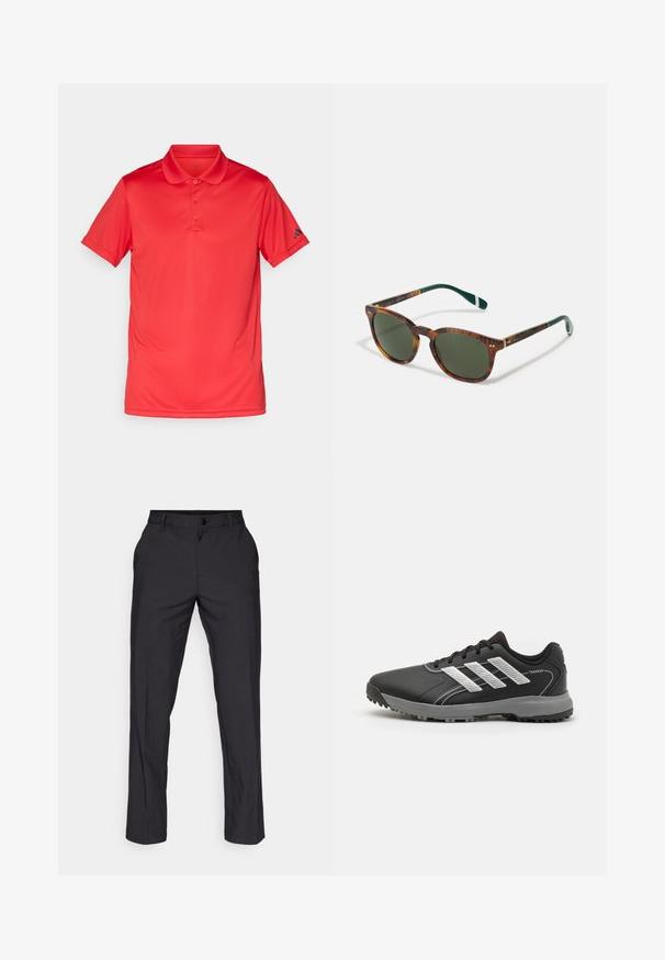 Polo rojo de manga corta con tres botones y cuello, que presenta un pequeño logo negro en la manga izquierda, expuesto sobre un fondo blanco.; adidas Golf PANT - Pantalones - black; Zapatilla deportiva negra con parte superior texturizada, franjas plateadas, cierre de cordones y suela de goma gris con picos de tracción.; Gafas de sol de carey con lentes verdes, forma redondeada, acentos dorados y brazos verde oscuro con una franja blanca.