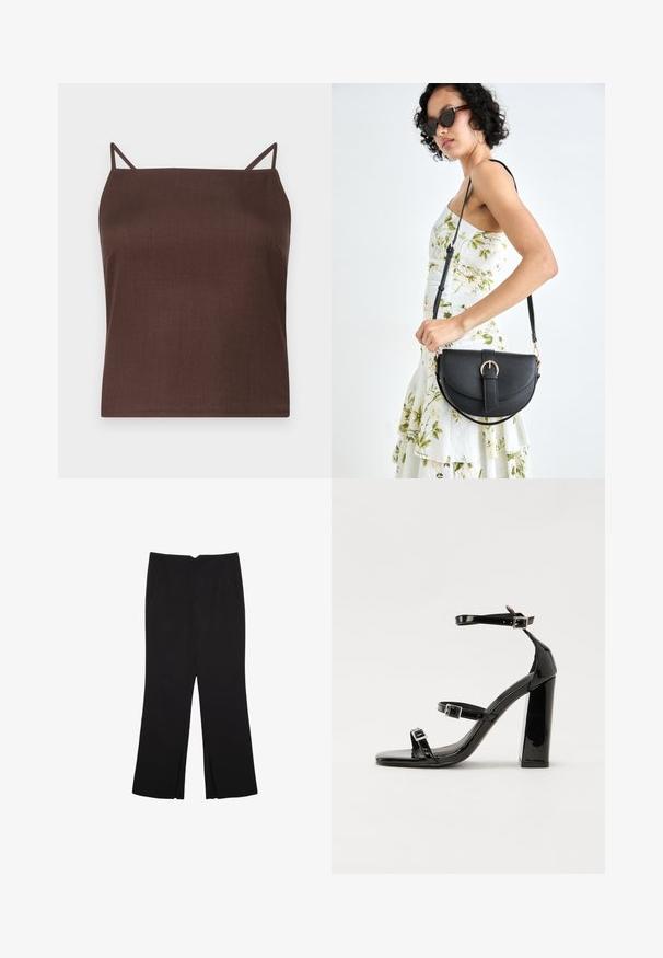 Canottiera marrone senza maniche con spalline sottili; realizzata in un tessuto liscio e opaco; taglio boxy con orlo dritto; design minimalista senza pattern.; Pantaloni neri a gamba dritta, con tasche frontali e spacchi laterali all'orlo. Realizzati in tessuto morbido e liscio. Adatti a diverse occasioni.; Sandali con tacco in vernice nera, con punta squadrata, cinturini alla caviglia e fibbie in argento. Presentano un tacco a blocco spesso per maggiore stabilità.; Borsa a tracolla nera in pelle con una forma curva, manico rimovibile e accessori dorati. La borsa presenta una patta con un dettaglio a fibbia.