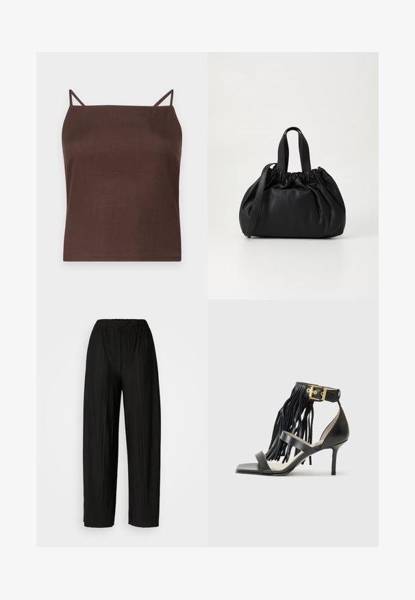 Pruun, ilma varrukateta topp õhukeste rihmadega; valmistatud siledast, matt materjalist; ruudukujuline lõige otse äärisega; minimalistlik disain ilma mustriteta.; Mustad voodri laiad püksid elastse vöökoha ja vertikaalsete volangidega, millel on sile tekstuur.; Mustad musta kõrge kontsaga sandaal fringing detailiga, pahkluu rihm kuldsete detailidega, lame ruudukujuline varvas ja kaks ristuvat rihma vampi kohal.; Mustmust mustkott mustrihmaga ülaosa disainiga, millel on kaks lühikest käepidet ja pikk reguleeritav rihm. Sile tekstuur, ümar kuju.