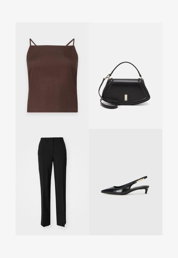 Braunes, ärmelloses Top mit dünnen Trägern; aus einem glatten, matten Stoff; kastiger Schnitt mit geradem Saum; minimalistischem Design ohne Muster.; Schwarze, taillierte Hose mit geradem Bein, aus einem glatten Stoff und mit klaren Falten an der Vorderseite. Keine sichtbare Hardware.; Schwarze Leder-Slingback-Pumps mit spitzem Schuhblatt, ausgestattet mit einem schlanken Absatz und einem goldfarbigen Akzent am verstellbaren Riemen. Glatte Textur.; Schwarze Lederhandtasche mit einem strukturierten Design, das eine verkürzte Form, einen oberen Griff und goldfarbene Hardware-Details aufweist. Verstellbarer Schulterriemen ist enthalten.