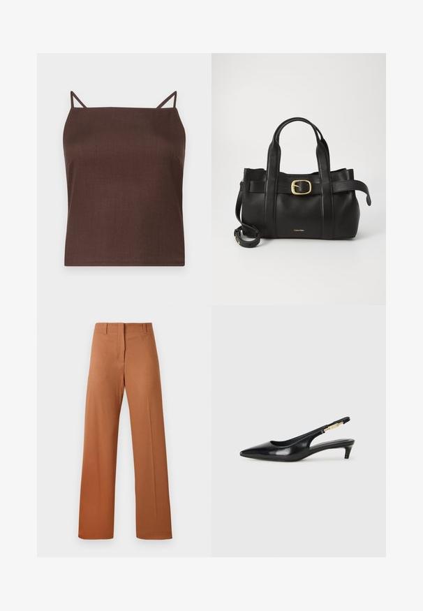 Hnědý bezramínkový top s tenkými nárameníky; vyrobený z hladké matné tkaniny; kvadratický střih se rovním lemem; minimalistický design bez vzorů.; Kalhoty s širokými nohavicemi vyrobené z bohaté hnědé látky, s hladkou texturou, standardním pasem s poutky na pásek a předními záhyby.; Černé kožené boty na podpatku s otevřenou patou a špičatou špičkou, s tenkým podpatkem a zlatým akcentem na nastavitelném pásku. Hladký povrch.; Černá kožená kabelka s upraveným designem, dvojitými vrchními madly, pozlaceným přezkovým akcentem a vyraženým logem značky na přední straně.